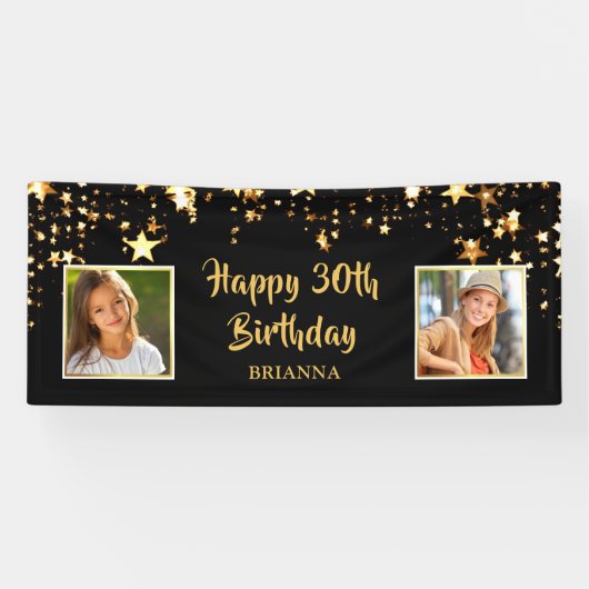 30歳の誕生日と今の写真ブラック・金ゴールド・スターズ 横断幕 (横)