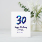 30歳の誕生日にお名前と日付と年と青い輝きを追加 ポストカード (スタンド正面)