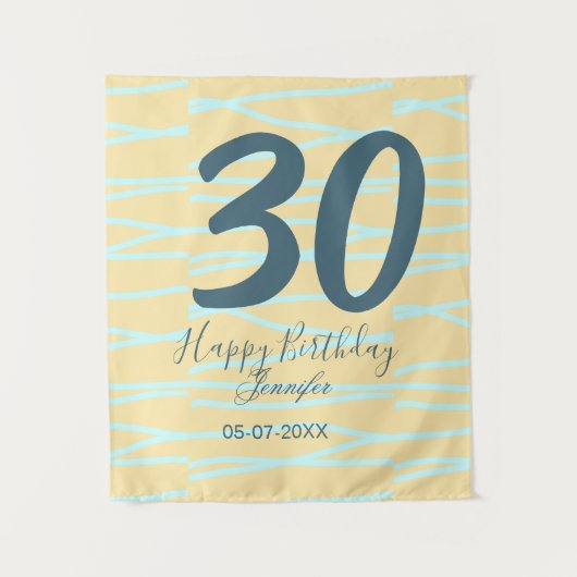 30歳の誕生日にお名前と日付と年と黄色と青いペーストを追加 タペストリー (正面)