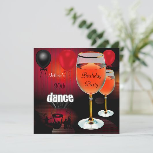 30歳の誕生日に赤ワイングラスのダンスバルーン 招待状 (スタンド正面)