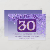 30歳の誕生日に輝く紫のグリッター セーブザデート (正面/裏面)