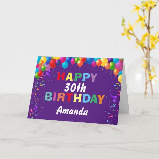 30歳の誕生日のカラフル風船紫 カード (黄色い花)