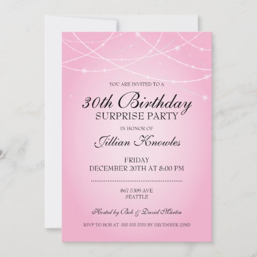 30歳の誕生日のサプライズパーティーピンクのストリングライト 招待状 (正面)