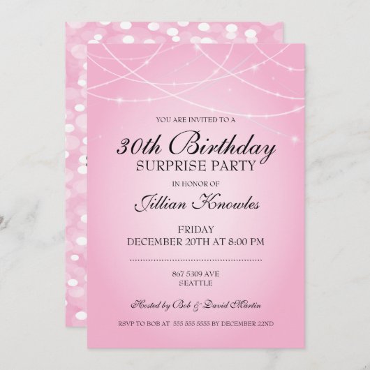 30歳の誕生日のサプライズパーティーピンクのストリングライト 招待状 (正面/裏面)