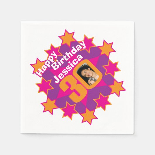 30歳の誕生日の写真と名前ピンクスターナプキン スタンダードカクテルナプキン (正面)