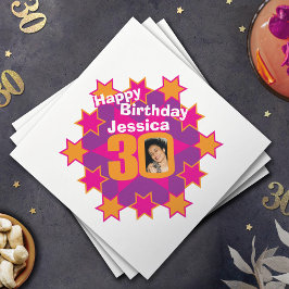 30歳の誕生日の写真と名前ピンクスターナプキン スタンダードカクテルナプキン