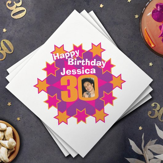 30歳の誕生日の写真と名前ピンクスターナプキン スタンダードカクテルナプキン