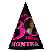 30歳の誕生日の写真パーソナライズされたピンク色の黒 パーティーハット (正面)