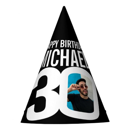 30歳の誕生日の写真パーソナライズされた白い黒 パーティーハット (正面)