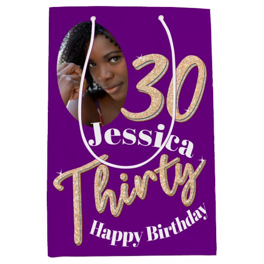 30歳の誕生日の写真フェイク金ゴールド紫 ミディアムペーパーバッグ (正面)