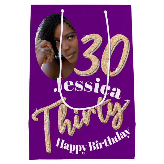 30歳の誕生日の写真フェイク金ゴールド紫 ミディアムペーパーバッグ (裏面)