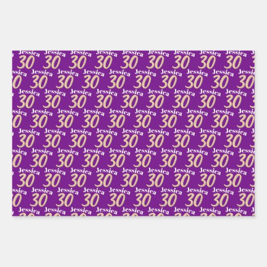 30歳の誕生日の写真紫の金ゴールド白黒 ラッピングペーパーシート (正面3)