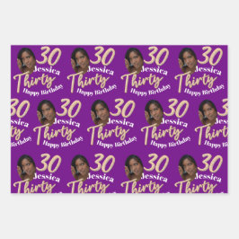 30歳の誕生日の写真紫の金ゴールド白黒 ラッピングペーパーシート