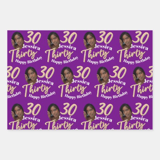 30歳の誕生日の写真紫の金ゴールド白黒 ラッピングペーパーシート (正面)