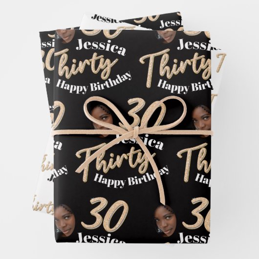 30歳の誕生日の写真金ゴールド白黒のラッピング ラッピングペーパーシート (インサイチュ)