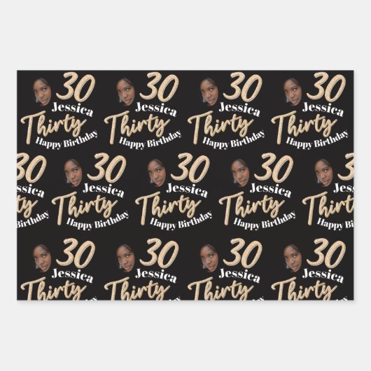 30歳の誕生日の写真金ゴールド白黒のラッピング ラッピングペーパーシート (正面)