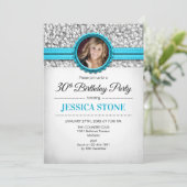 30歳の誕生日の写真 – シルバーホワイトアクアブルー 招待状 (スタンド正面)