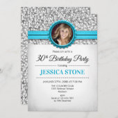 30歳の誕生日の写真 – シルバーホワイトアクアブルー 招待状 (正面/裏面)