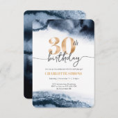 30歳の誕生日の招待ネイビーの水色と金ゴールド 招待状 (正面/裏面)