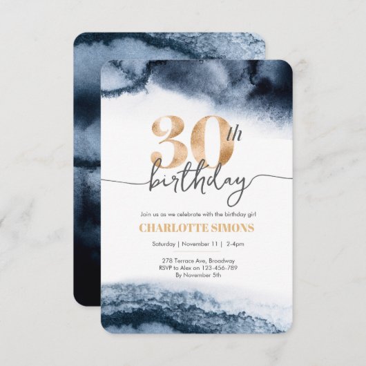 30歳の誕生日の招待ネイビーの水色と金ゴールド 招待状 (正面/裏面)