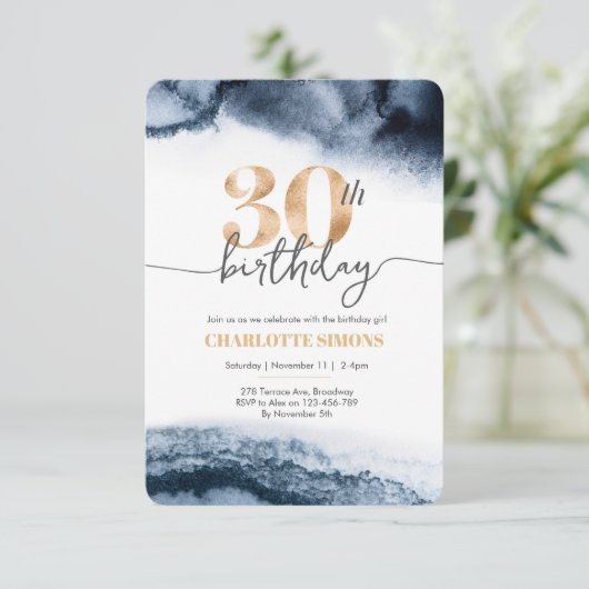 30歳の誕生日の招待ネイビーの水色と金ゴールド 招待状 (スタンド正面)