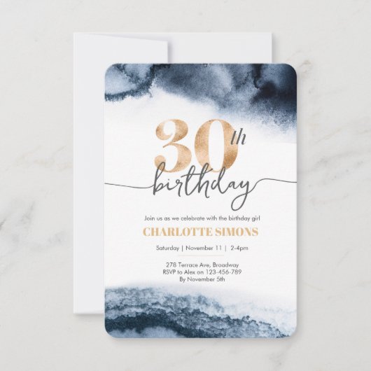 30歳の誕生日の招待ネイビーの水色と金ゴールド 招待状 (正面)