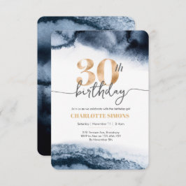 30歳の誕生日の招待ネイビーの水色と金ゴールド 招待状