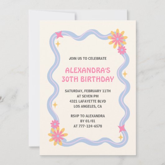 30歳の誕生日の招待レトロGroovyピンクの花 招待状 (正面)