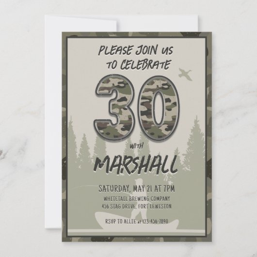 30歳の誕生日の漁師カモフラージウッドランド素朴 招待状 (正面)