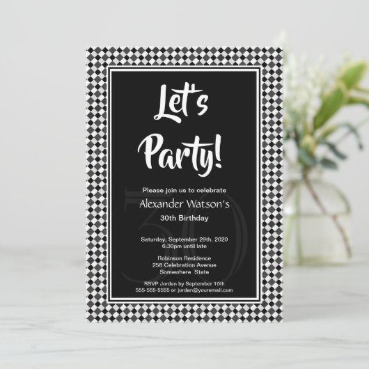 30歳の誕生日の白黒チェッカーボード 招待状 (スタンド正面)