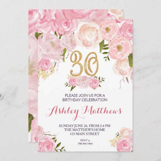 30歳の誕生日の美しいフローラ招待状。 招待状 (正面/裏面)