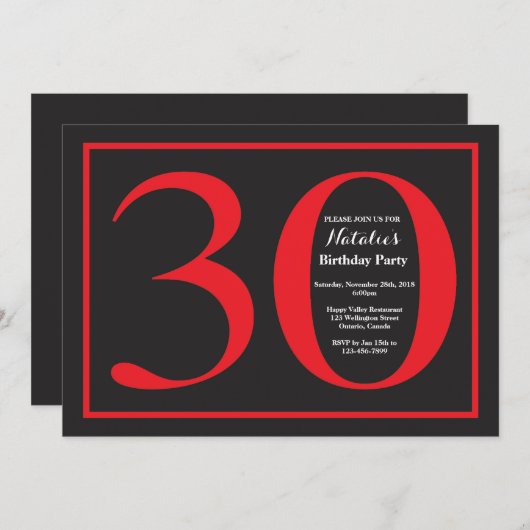 30歳の誕生日の赤と黒の黒板 招待状 (正面/裏面)