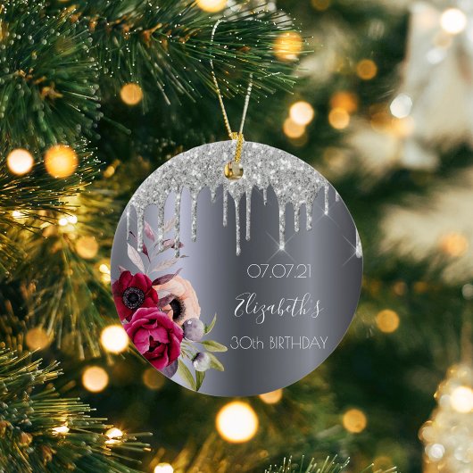 30歳の誕生日の銀のグリッターはフローラバーガンディを乾燥 セラミックオーナメント