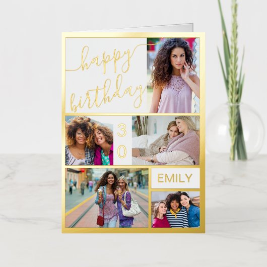 30歳の誕生日または任意の年齢5写真白と金ゴールド 箔グリーティングカード (正面)