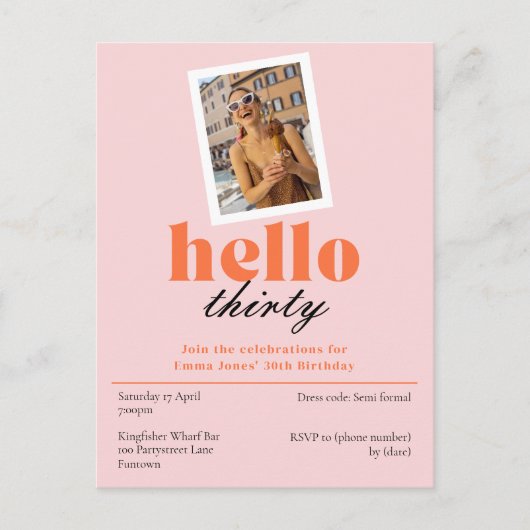30歳の誕生日をお祝いするレトロな招待状「Hello thirty Peach」 ポストカード (正面)