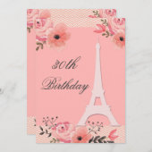 30歳の誕生日をお祝いする洗練された花のパリ・エッフェル塔 招待状 (正面/裏面)