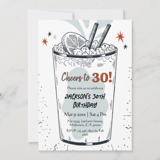 30歳の誕生日をテーマスタイリッシュにしたカクテル・レトロ・ドリンク 招待状 (正面)