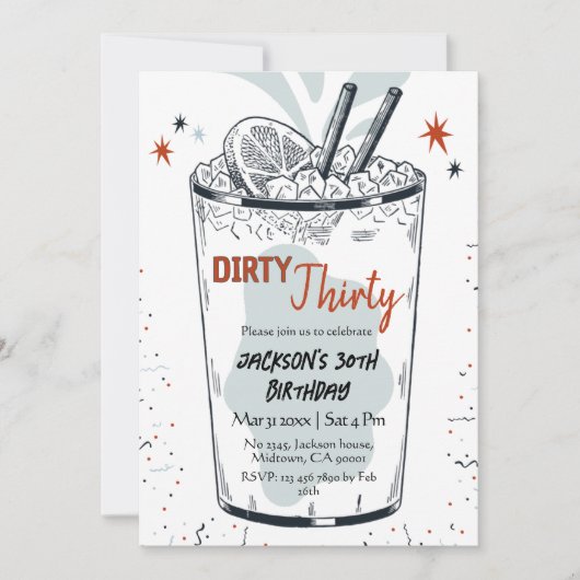 30歳の誕生日をテーマスタイリッシュにしたカクテル・レトロ・ドリンク 招待状 (正面)