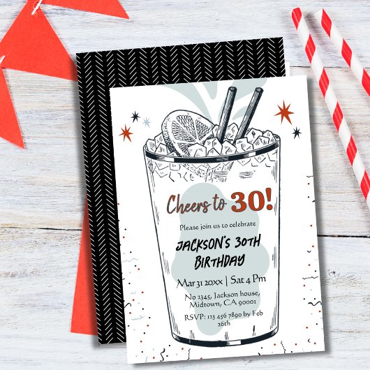 30歳の誕生日をテーマスタイリッシュにしたカクテル・レトロ・ドリンク 招待状