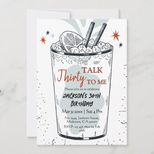 30歳の誕生日をテーマスタイリッシュにしたカクテル・レトロ・ドリンク 招待状 (正面)