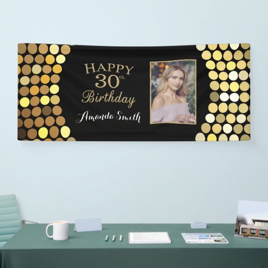 30歳の誕生日を祝うバナー。金ゴールドグリッター写真 横断幕 (トレードショー)
