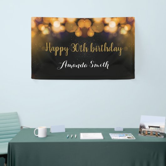 30歳の誕生日を祝うバナー。黒と金ゴールドグリッター 横断幕 (トレードショー)