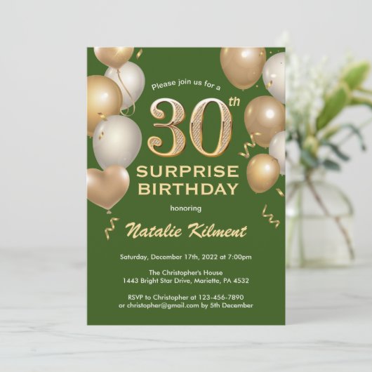 30歳の誕生日を祝う緑と金ゴールドの風船 招待状 (スタンド正面)