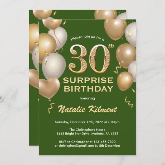 30歳の誕生日を祝う緑と金ゴールドの風船 招待状 (正面/裏面)