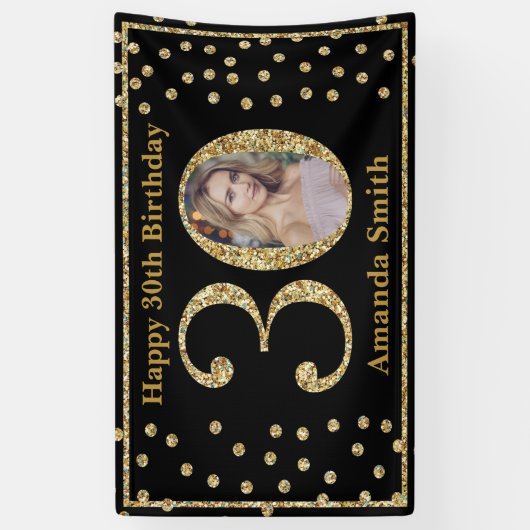 30歳の誕生日を迎えるおめでとう、ブラックと金ゴールドの写真 横断幕 (縦)