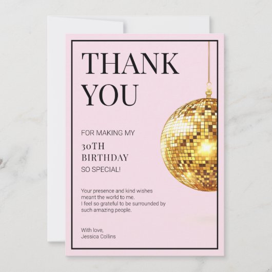 30歳の誕生日を迎えるピンクと金ゴールド サンキューカード (正面)