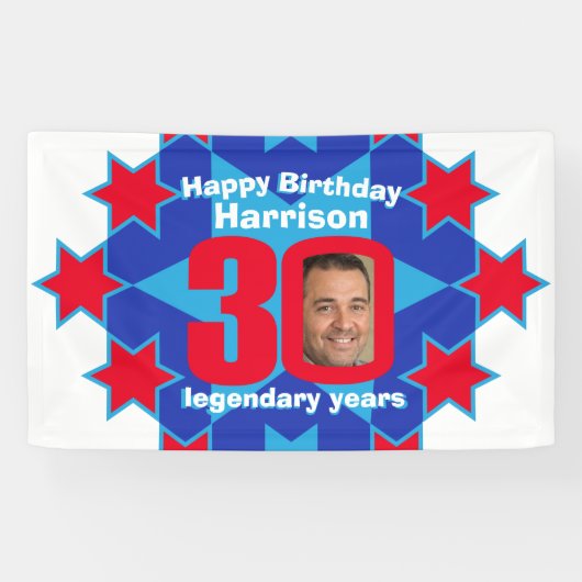 30歳の誕生日を迎える青い白い赤いカスタム写真 横断幕 (横)