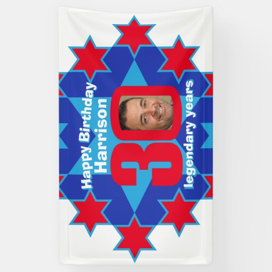 30歳の誕生日を迎える青い白い赤いカスタム写真 横断幕 (縦)