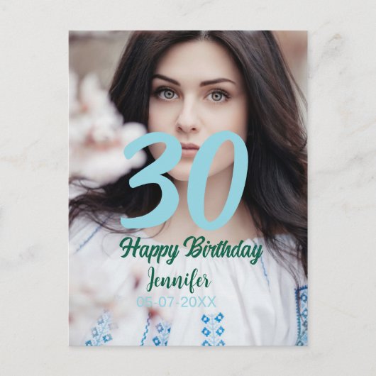 30歳の誕生日を追加 名前 日付 年 白黒写真 ポストカード (正面)