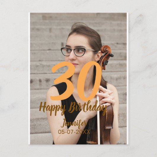30歳の誕生日を追加 名前 日付 年 白黒写真 ポストカード (正面)